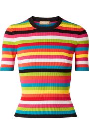 Michael Kors Collection 1 2-Sleeve Multi-Striped Ribbed Crewneck Tee at Neiman Marcus